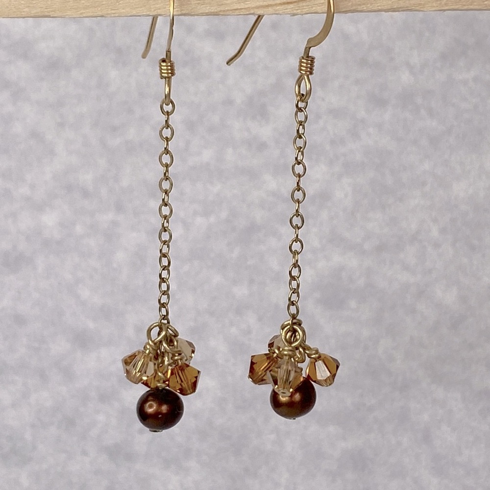 Swarovski crystal gold chain brown pearl dangle earrings
